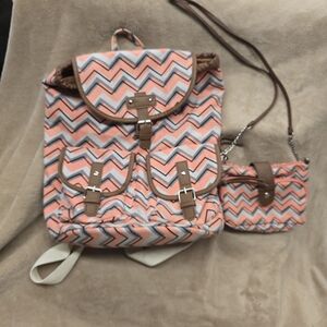 Chevron Print Coral & Gray Women’s Backpack Set